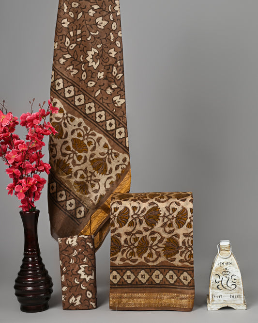 Brown Beige Ajrakh Handblock Printed Maheshwari Silk Suit Set