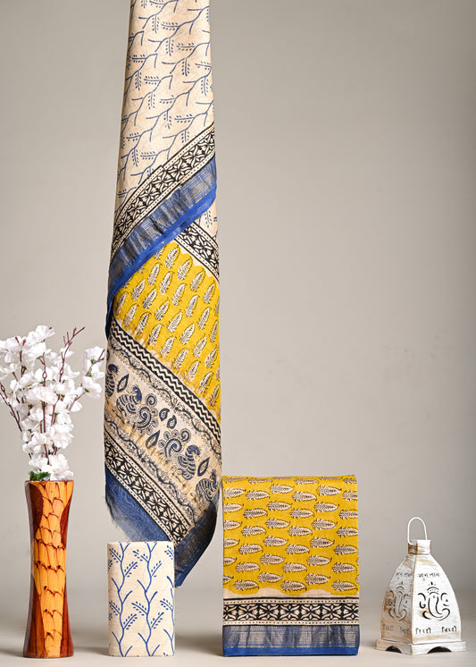 Mustard & Blue Maheshwari Silk Handblock Printed Suit – Leaf Motif Design