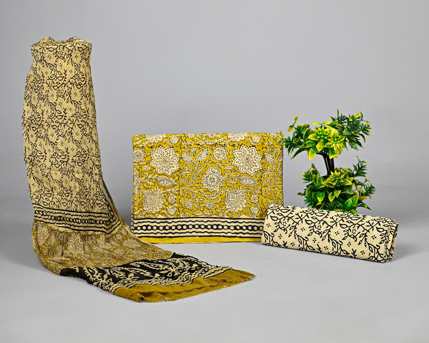 Yellow & Cream Cotton Suit with Chiffon Dupatta