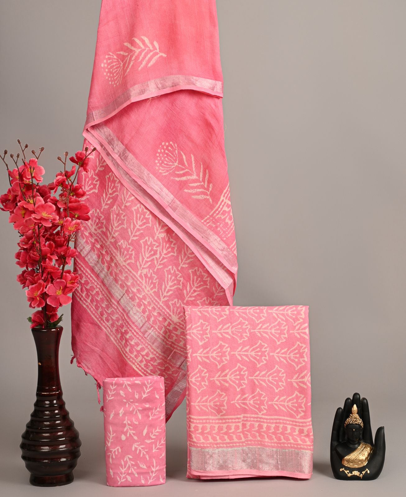 Blush Pink Handblock Cotton Suit Set with Silver Border