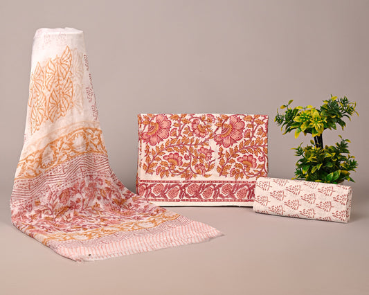 🌺 Floral Handblock Cotton Suit Set with Chiffon Dupatta – Rust & Mustard Elegance