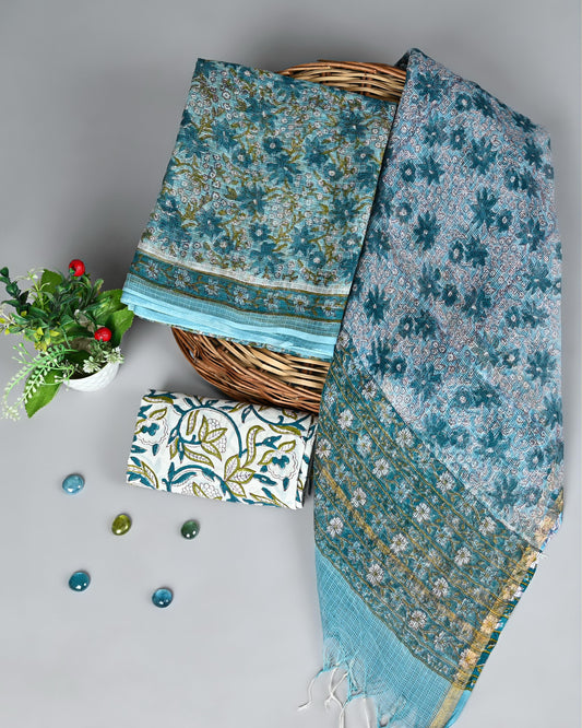 Aqua Vines Handblock Printed Kota Doria Suit Set