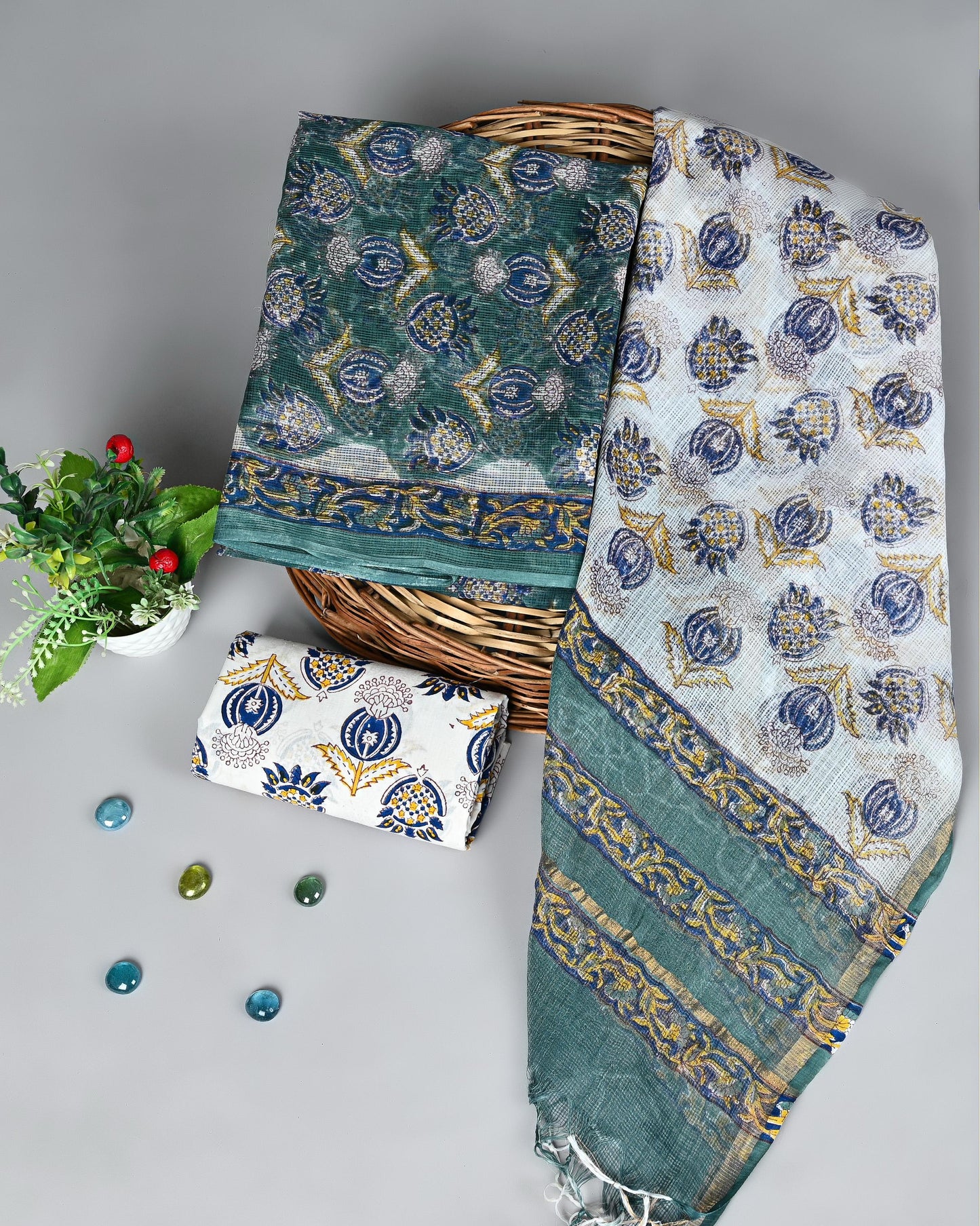 Mehfil Bloom Handblock Kota Doria Suit Set