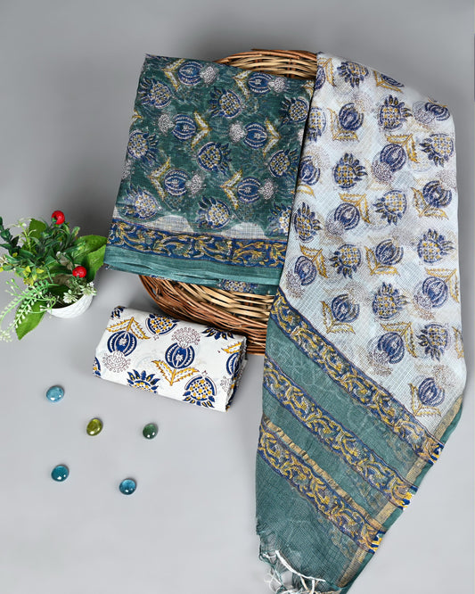 Mehfil Bloom Handblock Kota Doria Suit Set