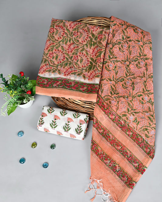 Peach Garden Handblock Printed Kota Doria Suit Set