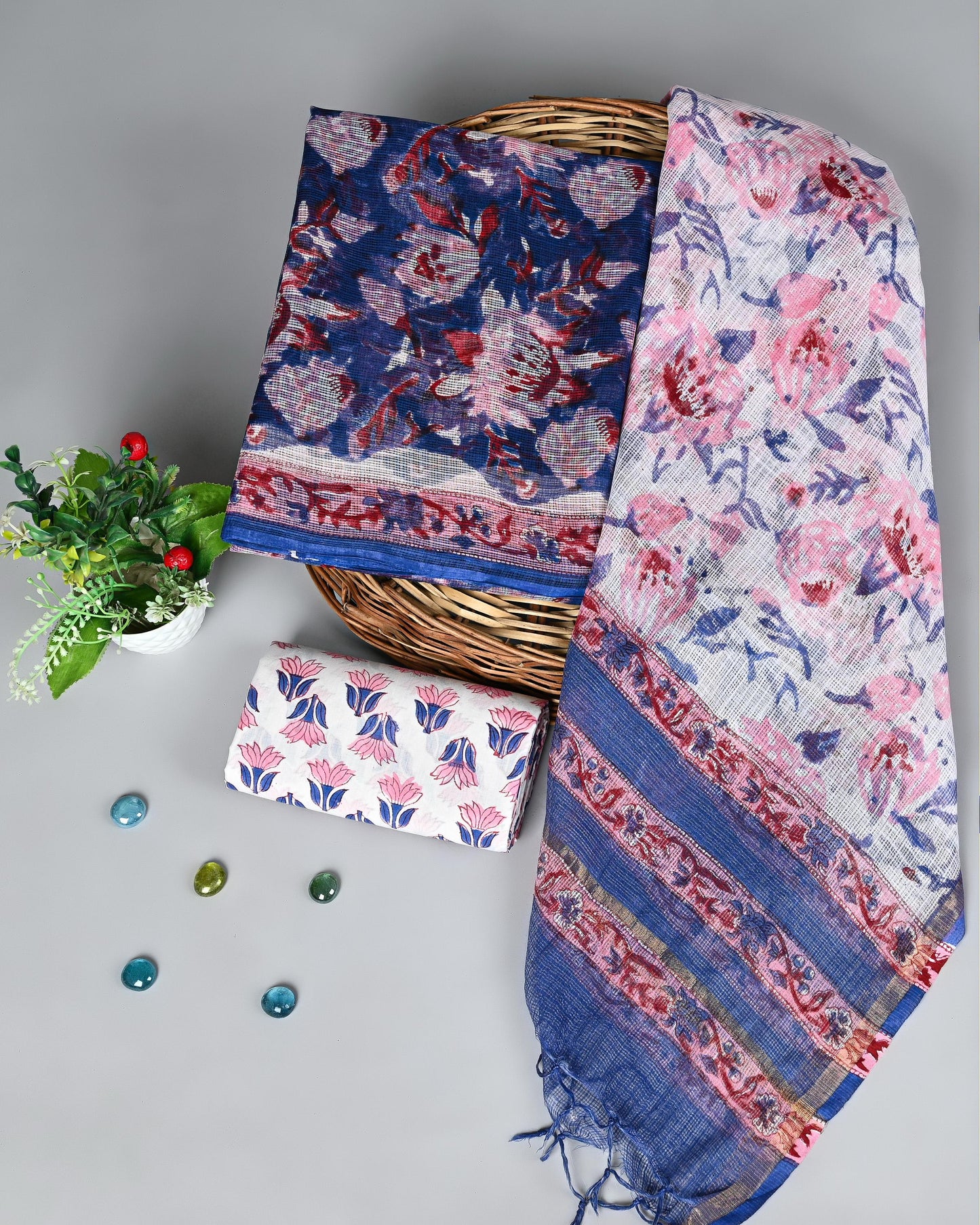 Floral Symphony Handblock Kota Doria Suit Set – Blue & Pink Bloom