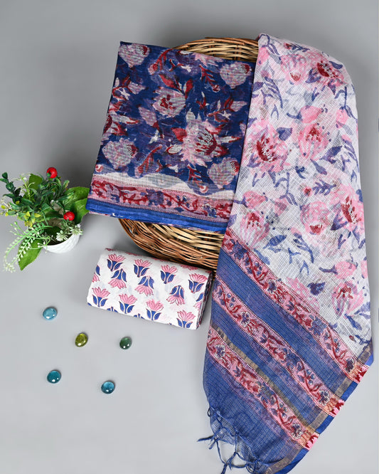 Floral Symphony Handblock Kota Doria Suit Set – Blue & Pink Bloom