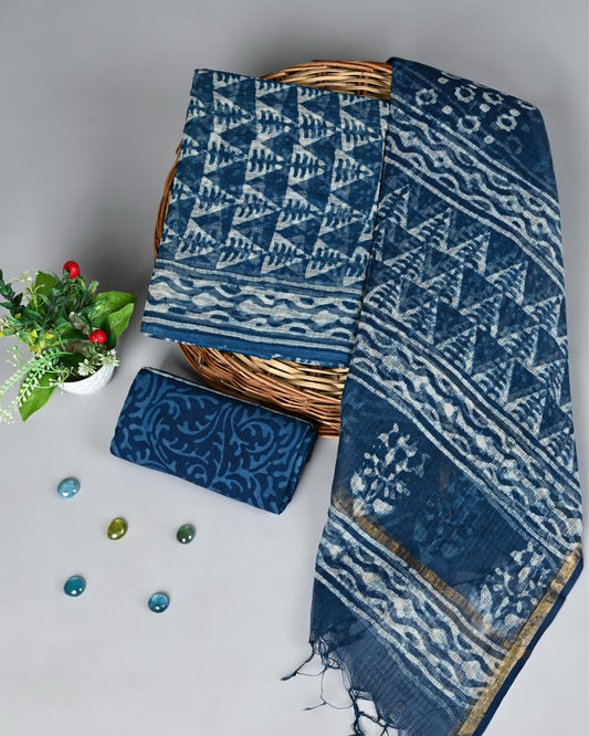 Indigo Blue Handblock Printed Kota Doriya Suit Set