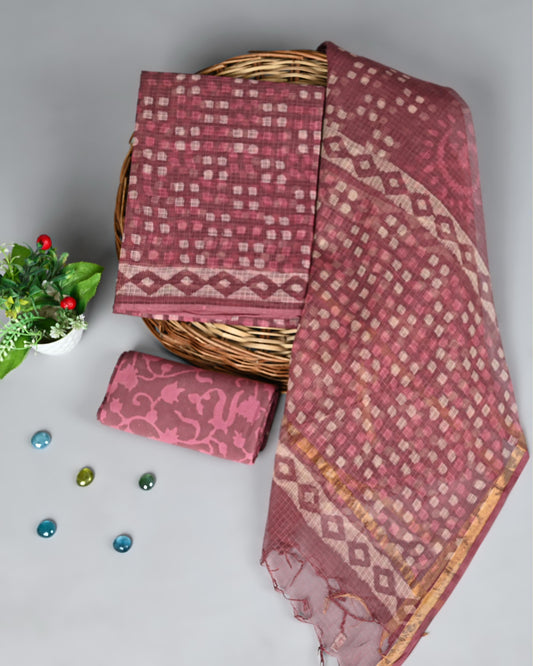 Elegant Maroon Kota Doria Suit with Ikat-Inspired Print