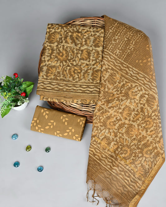 Rustic Mustard Handblock Printed Kota Doria Suit Set