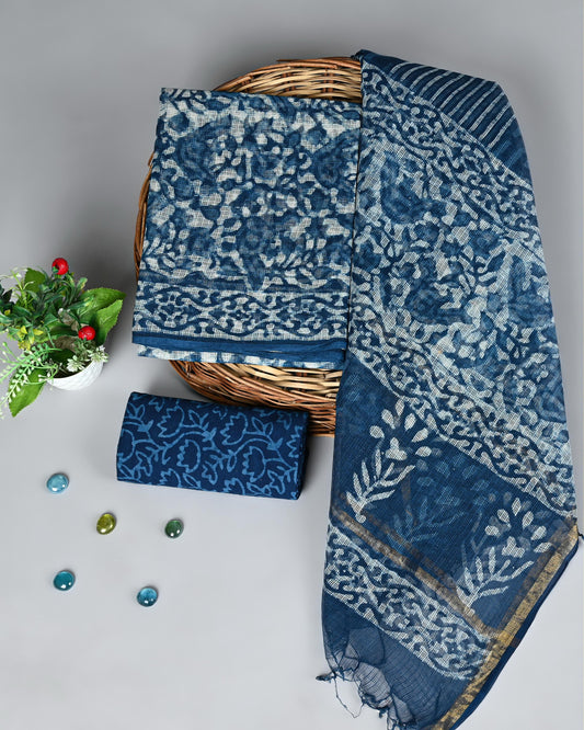 Neelvara – Indigo Dabu Kota Set with Floral Elegance