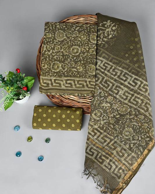 Rustic Olive – Dabu Block Printed Kota Doria Set
