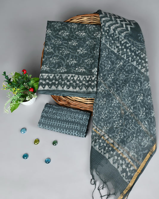 Grey Charmer – Kota Doria with Zigzag & Floral Dabu Print