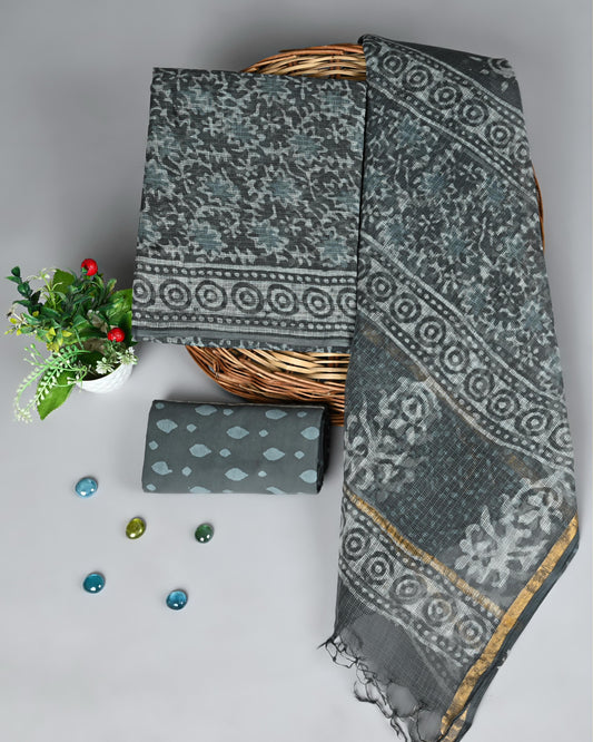 Grey Kota Doria with Traditional Dabu Print