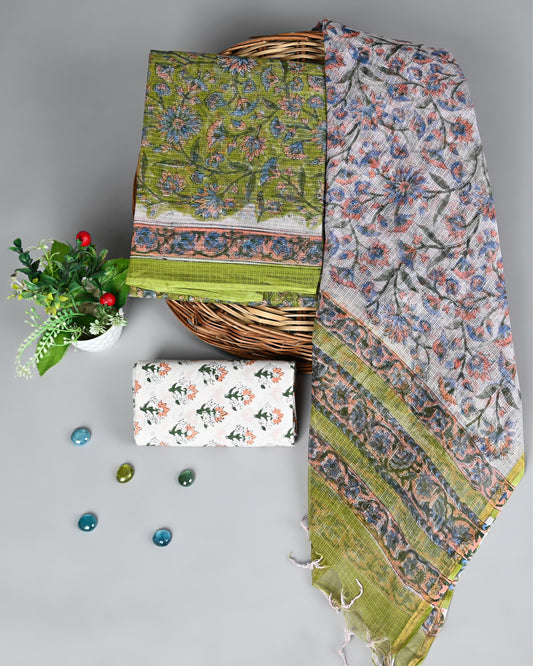 Hand Block Printed Kota Doria Unstitched Suit – Fresh Green & Blue Hues