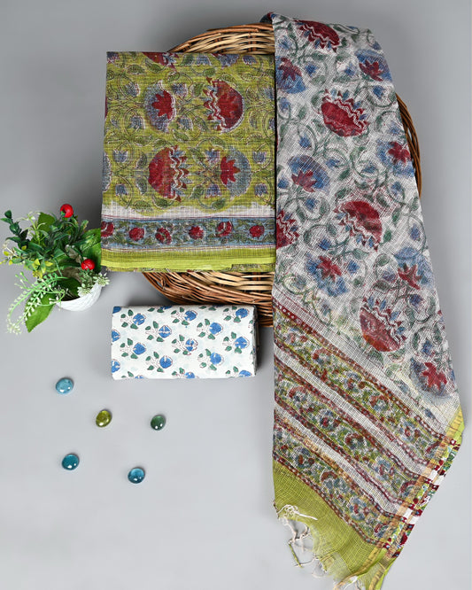 Handcrafted Kota Doria Suit – White & Green with Traditional Floral Motifs