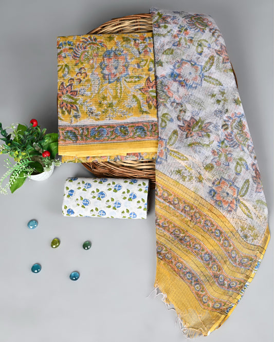 Sunshine Yellow Kota Doria Suit Set with Floral Charm