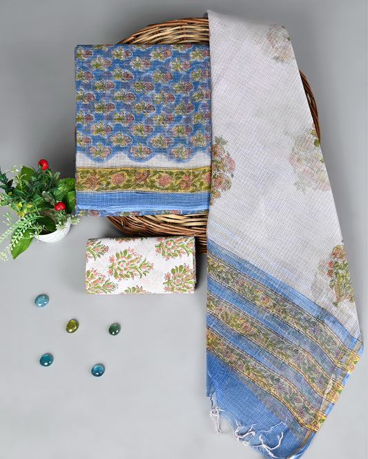 Unstitched Kota Doria Suit Set – Blue Blossom Edition