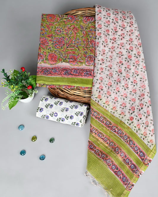 Floral Hand Block Printed Kota Doria Suit Set with Cotton Bottom
