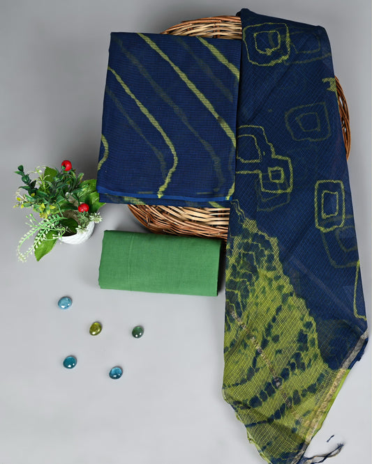 Navy Blue & Green Kota Doria Handcrafted Suit Set with Cotton Bottom
